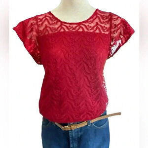 Fish. Money shop woman’s red lace short sleeve top shirt, small, business casual